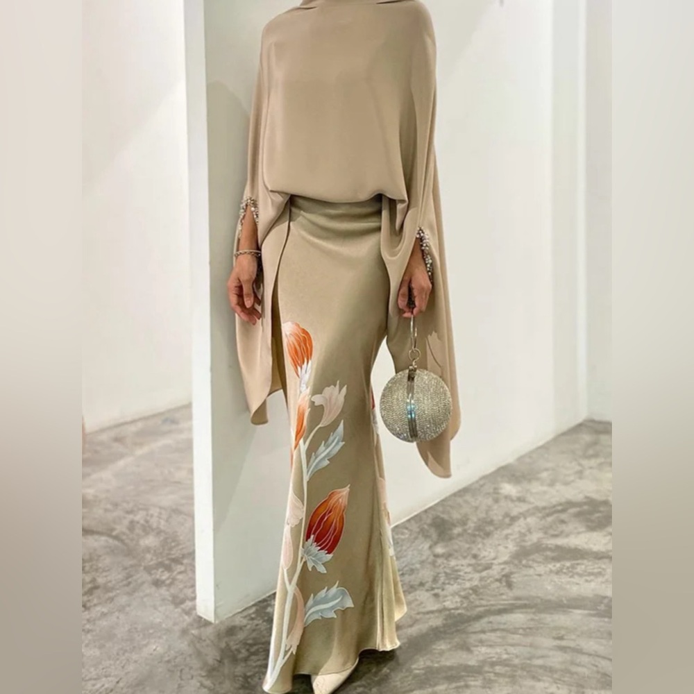 NWT - 2 piece satin high neck batwing blouse with skirt.
